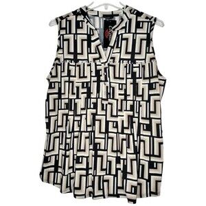 Cocomo Women's Plus Size 3X Black Beige Geo Print Studded Pintuck Sleeveless Top